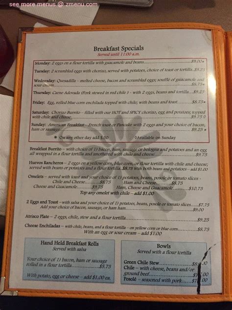 Tia sophia's menu - This Downtown joint serves strictly New Mexican breakfasts and lunches (open until 2 pm most days and 1 on Sundays). You're as likely to be seated next to a family from a remote village in the mountains as you are to a legislator or lobbyist from the nearby state capitol. Tia's ("Auntie's") delicious burritos stuffed with homemade chorizo disappear fast on Saturdays; get there early. Order ... 